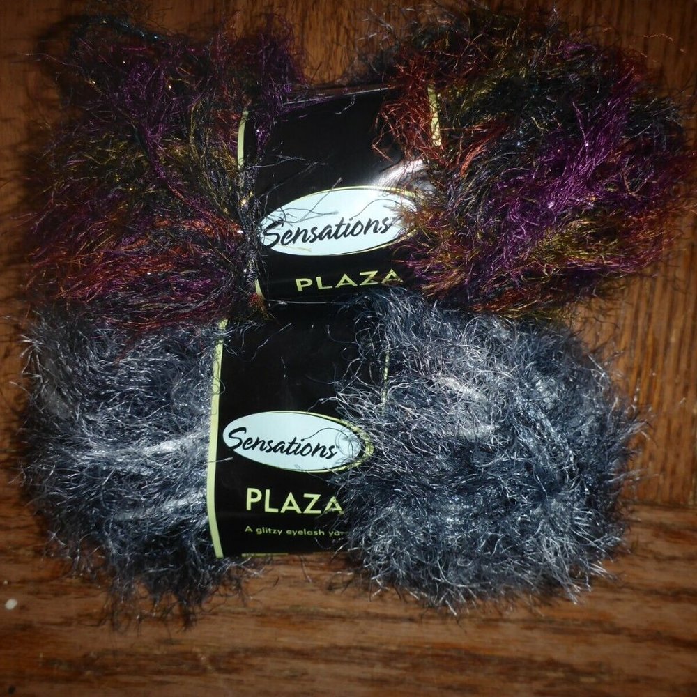 2 Small Skeins Sensations Plaza Eyelash Yarn Colors Elegant Ebony & Perfect